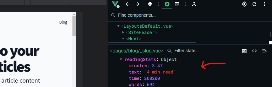 The readingStats object in vue devtools